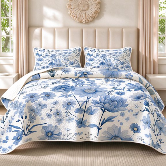Davulos Full/Queen Quilt Set with Shams,3 Pieces Blue Floral Lightweight Bedspread Coverlet,Reversible Bed Cover Floral Bedding Set for All Seasons