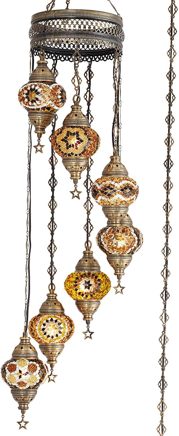 LaModaHome (10 Colors) 7 Globes Swag Plug in Turkish Moroccan Mosaic