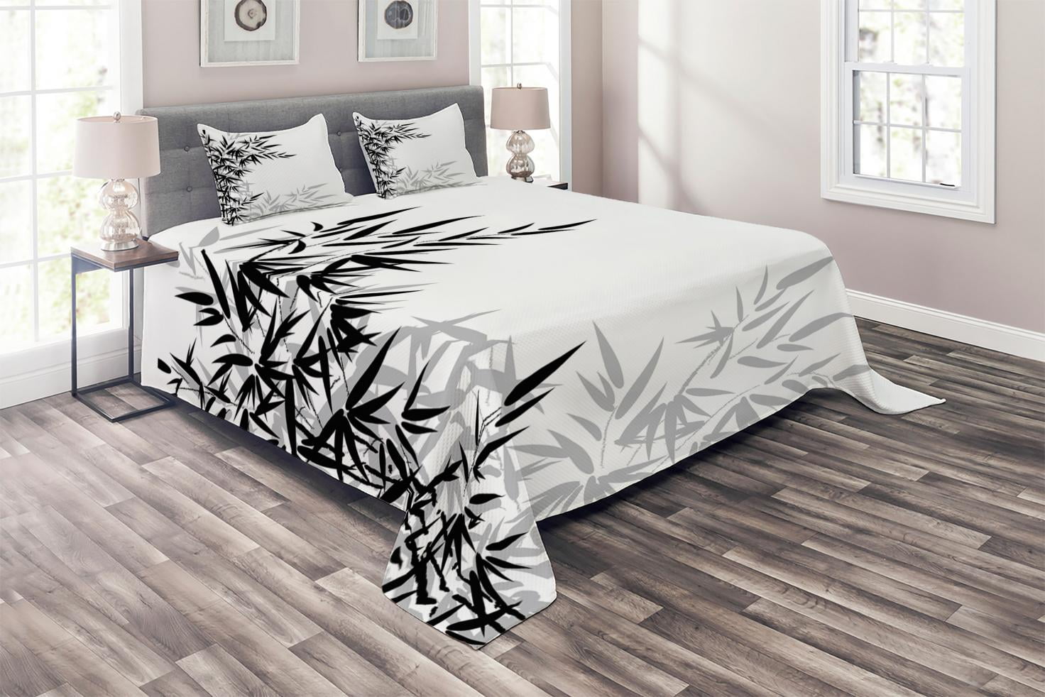 Bamboo Coverlet Set, Bamboo Leaves on Clear Simple Background Organic Life Artistic Illustration