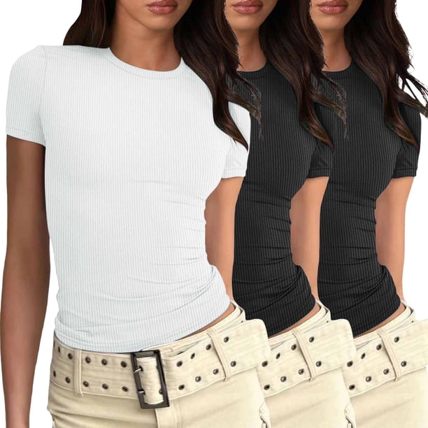 Camiseta básica de manga corta ajustada para mujer: camiseta de poliéster ajustada, top informal de verano, tallas S-XXL, estampado floral, apta para múltiples ocasiones