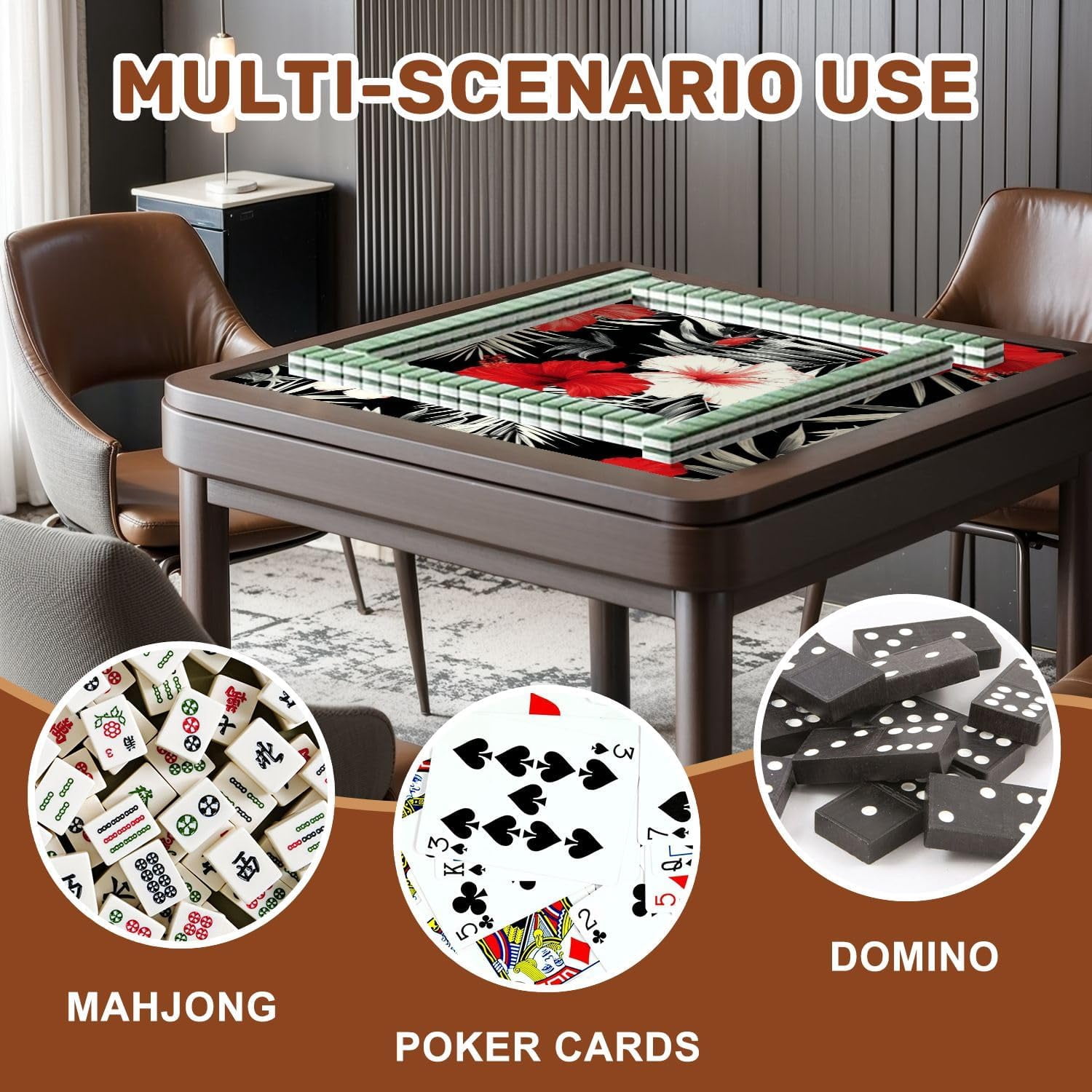 Mahjong Mat 31.5" x 31.5" Red White Hibiscus Flowers Black White Leaves Seamless Beach Non-Slip Noise Reduction Mahjong Tiles Table Cover for Dominoes Poker Card Board and Tile Games