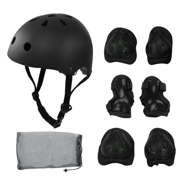 7 unids/set casco de seguridad para niños conjuntos de rodilleras y coderas equipo de protección transpirable para montar en patinaje negro