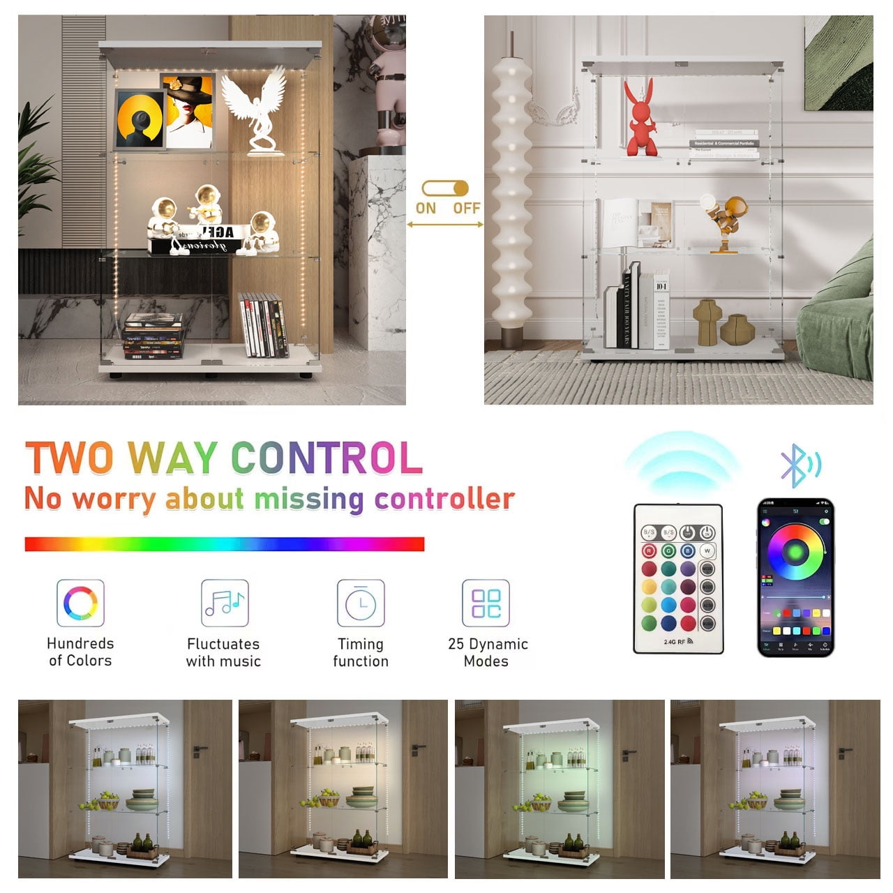 MAYEERTY 3 Tiers Glass Display Cabinet with Bluetooth LED Light Strip, Curio Storage Cabinet with 2 Door and Lock, Wood Top, White