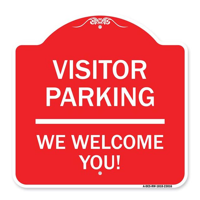 SignMission A-DES-RW-1818-23016 18 x 18 in. Signe de la Série Designer - Parking Réservé Signe Parking Visiteur Nous Vous Accueillons & 44; Rouge & Blanc
