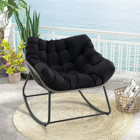 Costway 1 PCS Outdoor Rocking Chair Oversized Patio PE Wicker Egg Chair Rattan Lounge Chair Black
