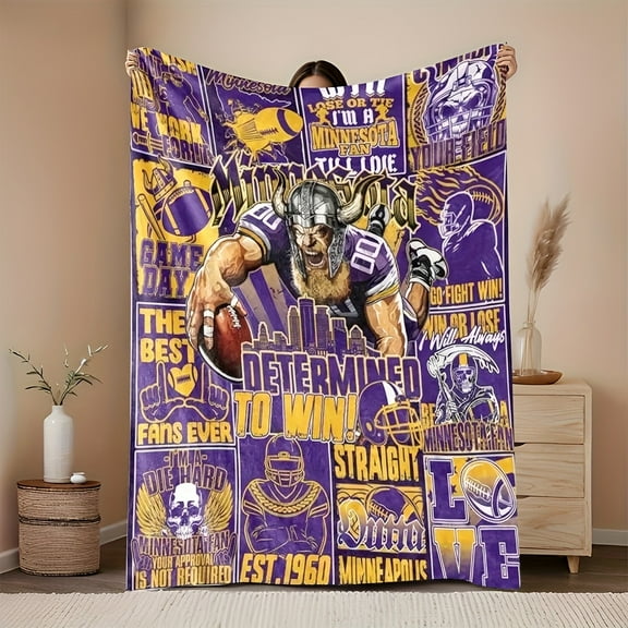 1pc Minnesota Fan Gift Flannel Blanket - Purple & Yellow Team Colors with Player Graphics, Helmet & Motivational Slogans, Ultra-Soft Warm All-Season Blanket for Camping, Sofa, Bed, Office - Machine W