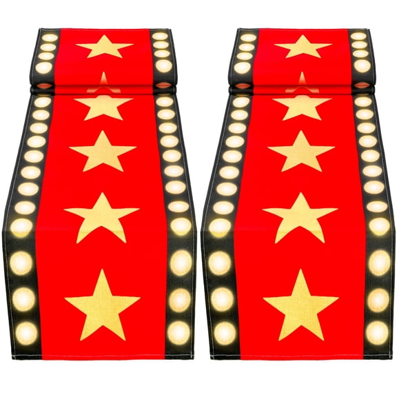 2 Pcs 13 x 72 Inch Movie Night Table Runner Red Movie Theme with Gold Star Design Movie Night Red Carpet Decoration for Movie Night Birthday Party Supplies