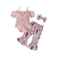 thumbnail image 2 of Musuos Baby Girls Summer Jumpsuits Set 6 12 18 24M 3T Button Short Sleeves Romper and Cow Head Flower Print Elastic Flare Pants Headband, 2 of 10