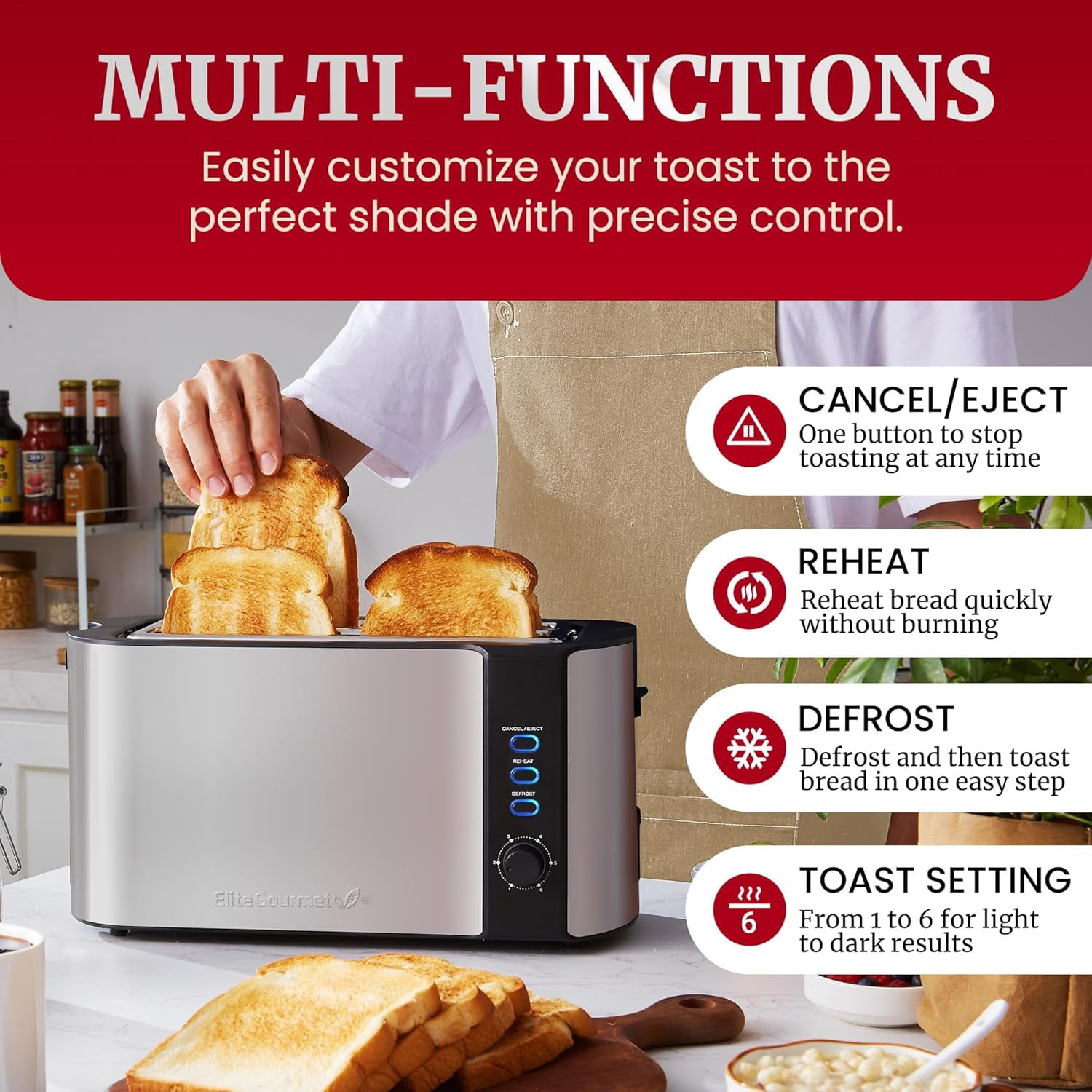 ECT-3100 Long Slot 4 Slice Toaster, Reheat, 6 Toast Settings, Defrost, Cancel Functions, Built-in Warming Rack, Extra Wide Slots for Bals & Waffles, Stainless Steel Black