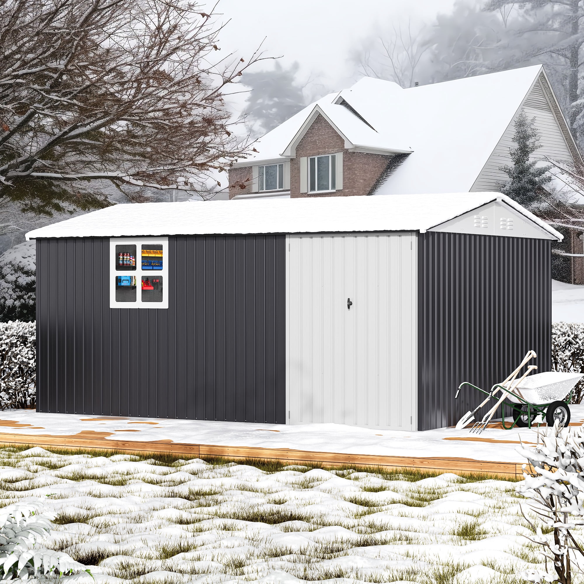 NETAJE 10'x14' Outdoor Metal Storage Garden Shed with Window, Lockable Doors and Air Vent for Backyard, Garden, Lawn, Dark Gray