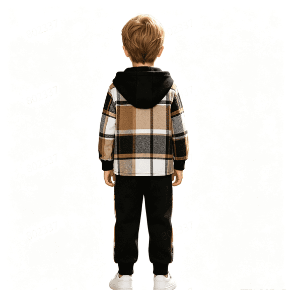 GXWEA Boys 2 Piece Outfit Set plaid shirt hoodiePlaid Patch Jogger Pants Toddler Little Clothes