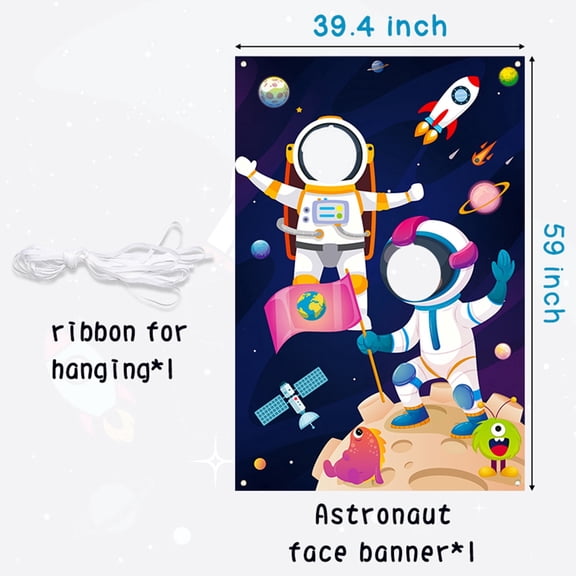 GROBRO7 Astronaut Banner, Polyester Space Theme Party Backdrop, Multicolor, 1 pack