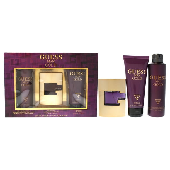 Guess Gold par Guess pour Hommes - Ensemble Cadeau 3 Pcs 2.5oz EDT Vaporisateur, 6.0oz Déodorant Vaporisateur Corporel, 6.7oz Gel Douche