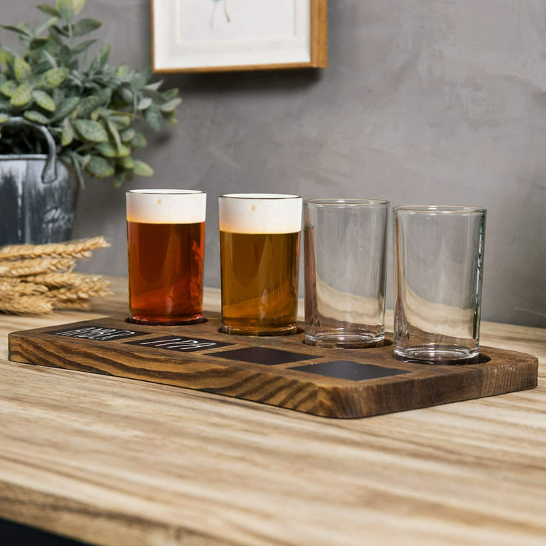 Beer Sampler Tray Torched Wood Serving Set with 4 Glasses and Erasable –  MyGift