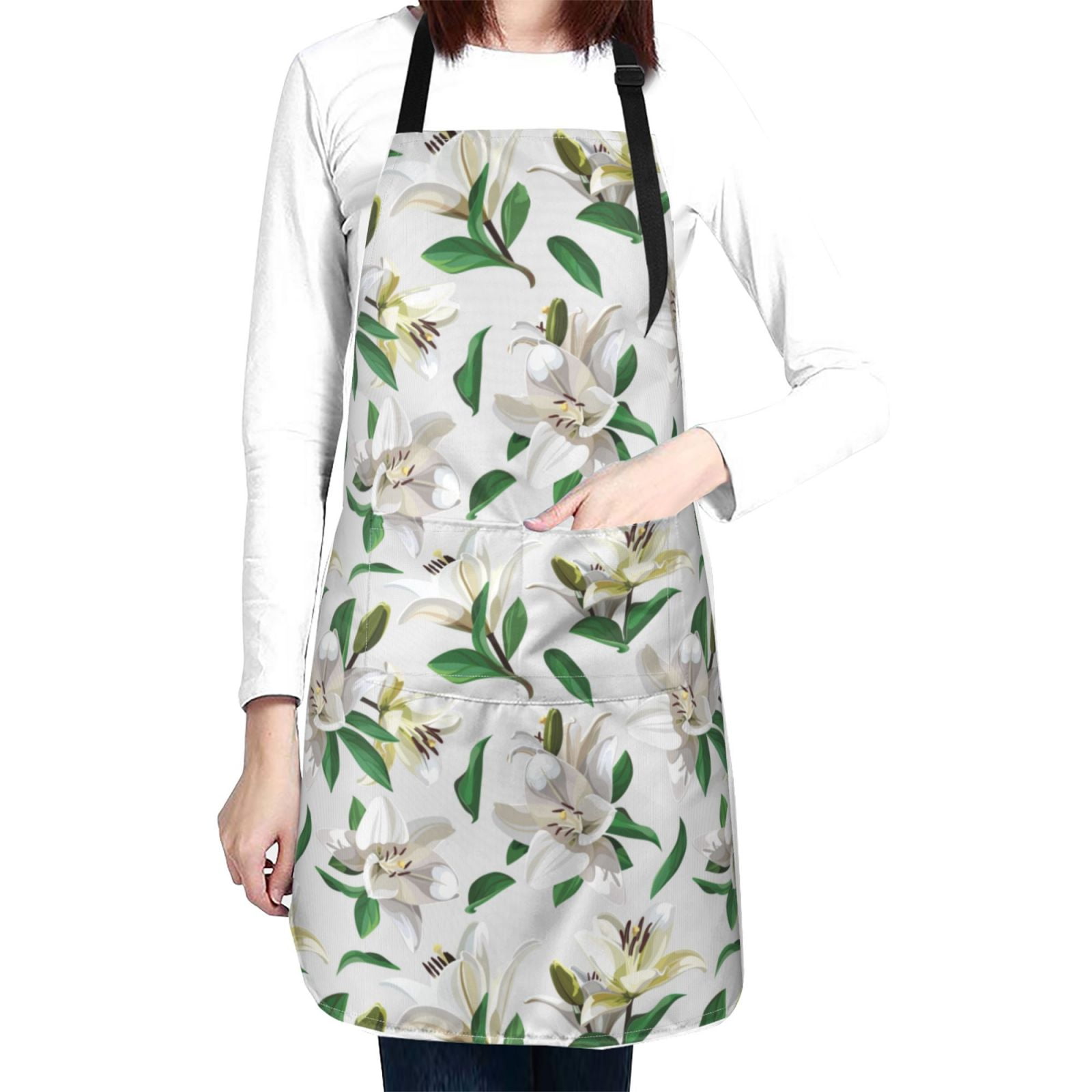 Kdxio Lilies Flowers Apron with Pockets Adjustable Kitchen Aprons for Men Women Waterproof Aprons for Cooking,Drawing,Crafting, Baking Household Cleaning