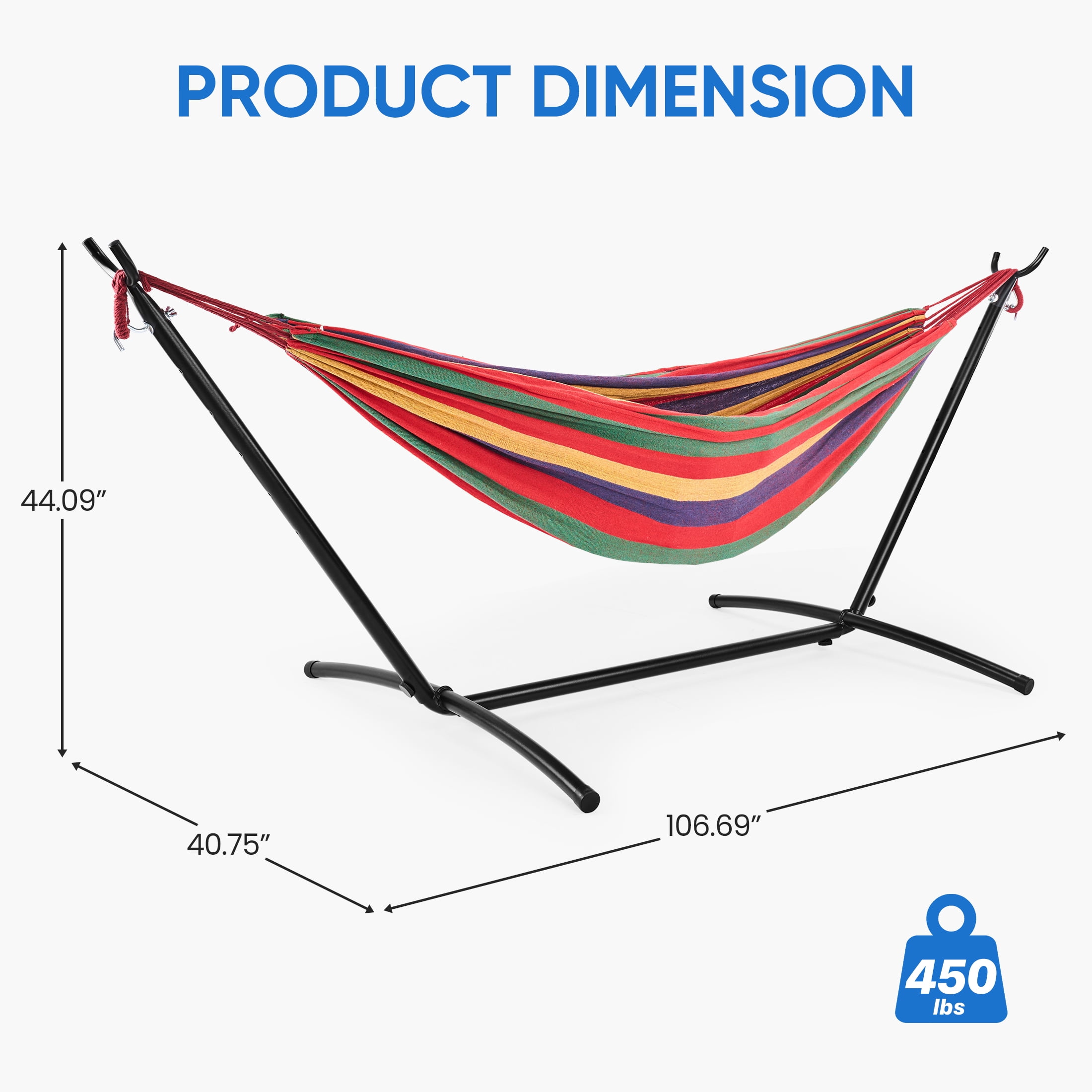 EDX Double Hammock with Space Saving Steel Stand, 2 Person Heavy Duty Outdoor 450lb Capacity Standing Hammocks, Upgraded Polyester End Strings, Portable Carrying Bag Included, Colorful Stripes