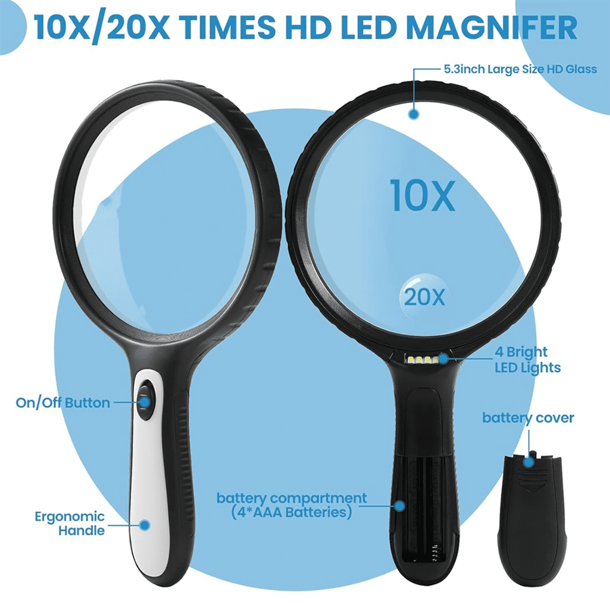 Magnifying Glass with Light,10x 20x Handheld Magnifying Glass with 4 LED  High Brightness Lights, for the - Walmart Business Supplies, image size:1200x1200