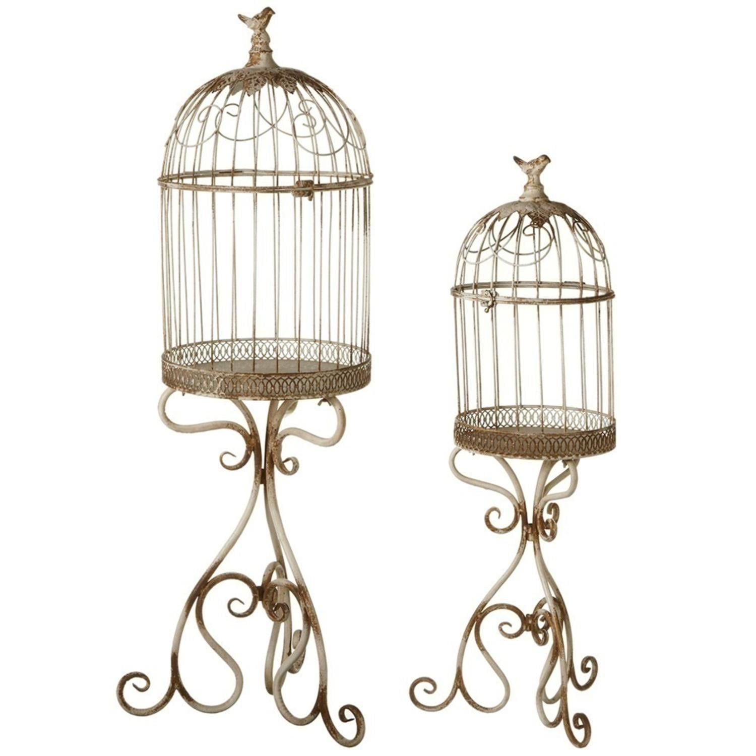 Set of 2 Brown and Ivory Decorative Distressed Ivory Bird Cage on Stand