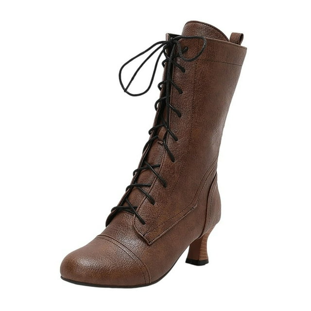 LOVZFMLL Bottes pour Femmes Bottes Chelsea Mi-Mollet à Lacets Bout Rond Sangles Ajustables Talon Évasé Moyen Bottes Mode Automne Hiver