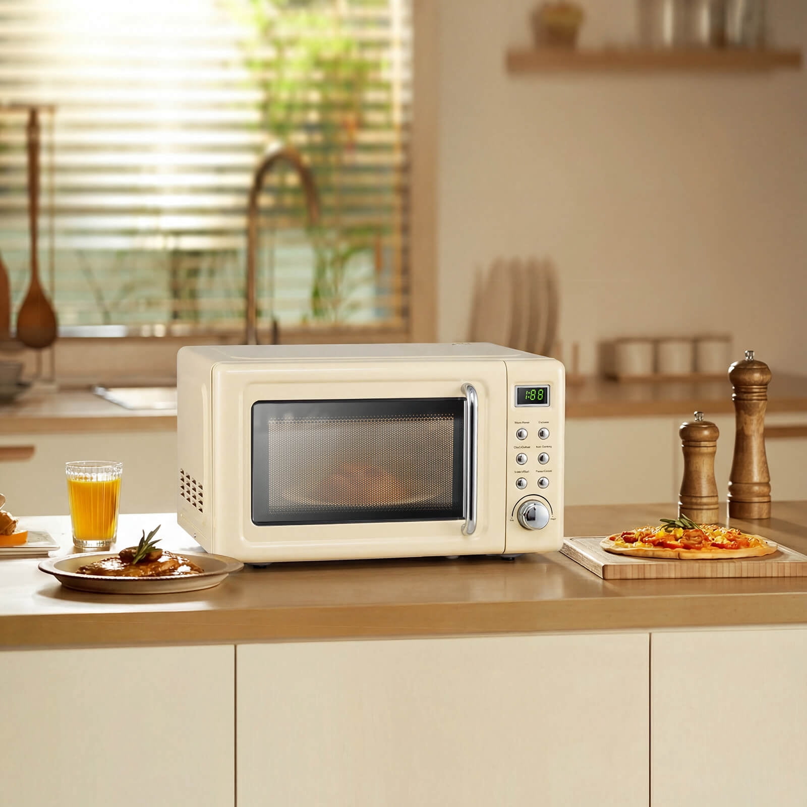 Costway 0.7 Cu.ft Retro Countertop Microwave Oven 700W LED Display Glass Turntable Off-White