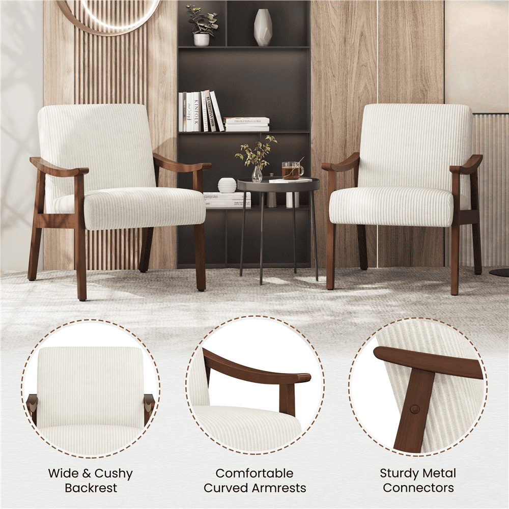 Renwick Set of 2 Corduroy Fabric Armchairs with Solid Wood Legs, Beige