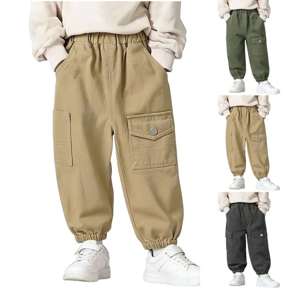 AHTJRT Cargo Pants for Boys Elastic Waist Adjustable Cuffs Trousers with Multiple Pockets Relaxed Fit Spring Summer Workout Hiking Pants Khaki 7-8 Years