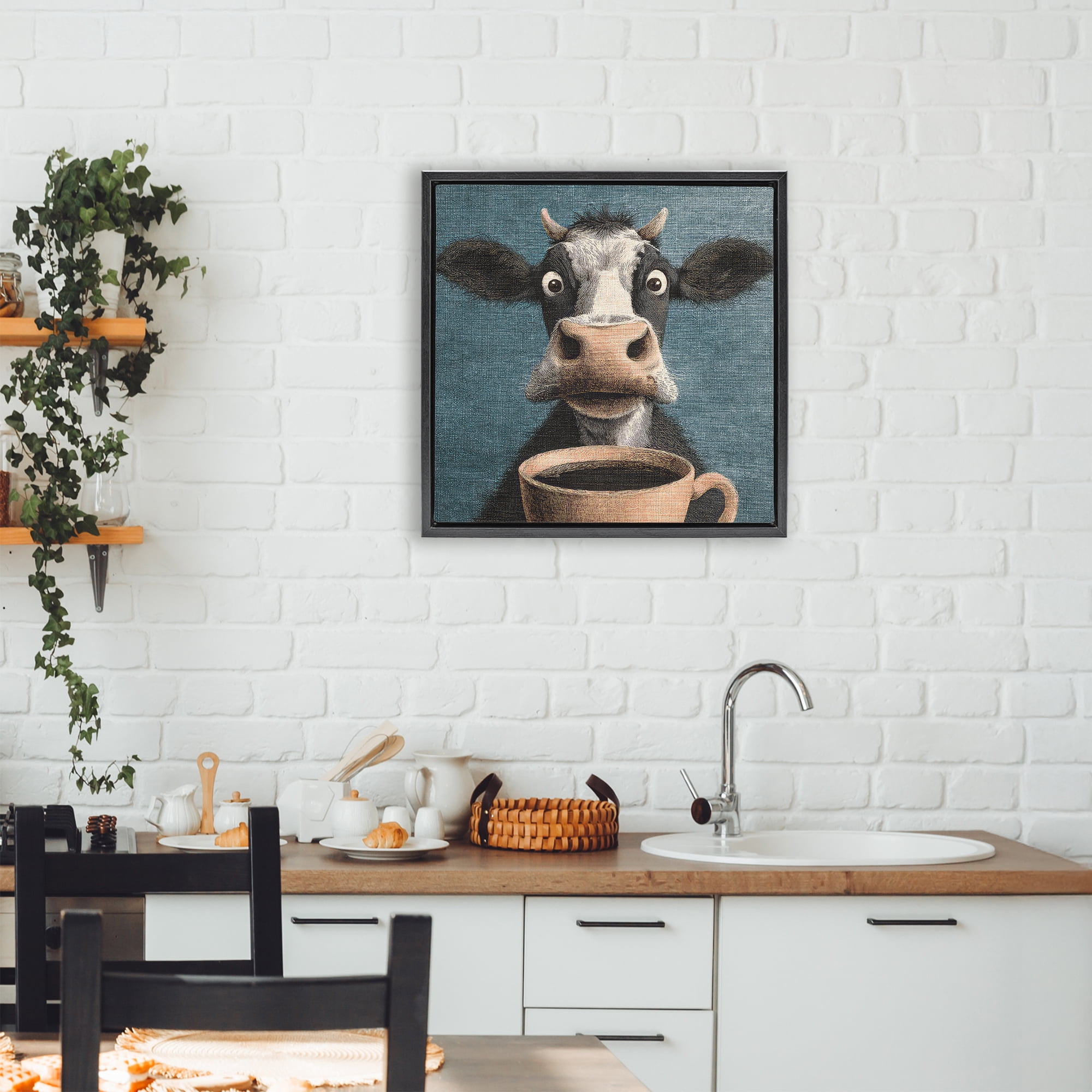 Stupell Industries Grumpy Cow & Coffee Black Framed Floater Canvas Wall Art, design by The Wands Want