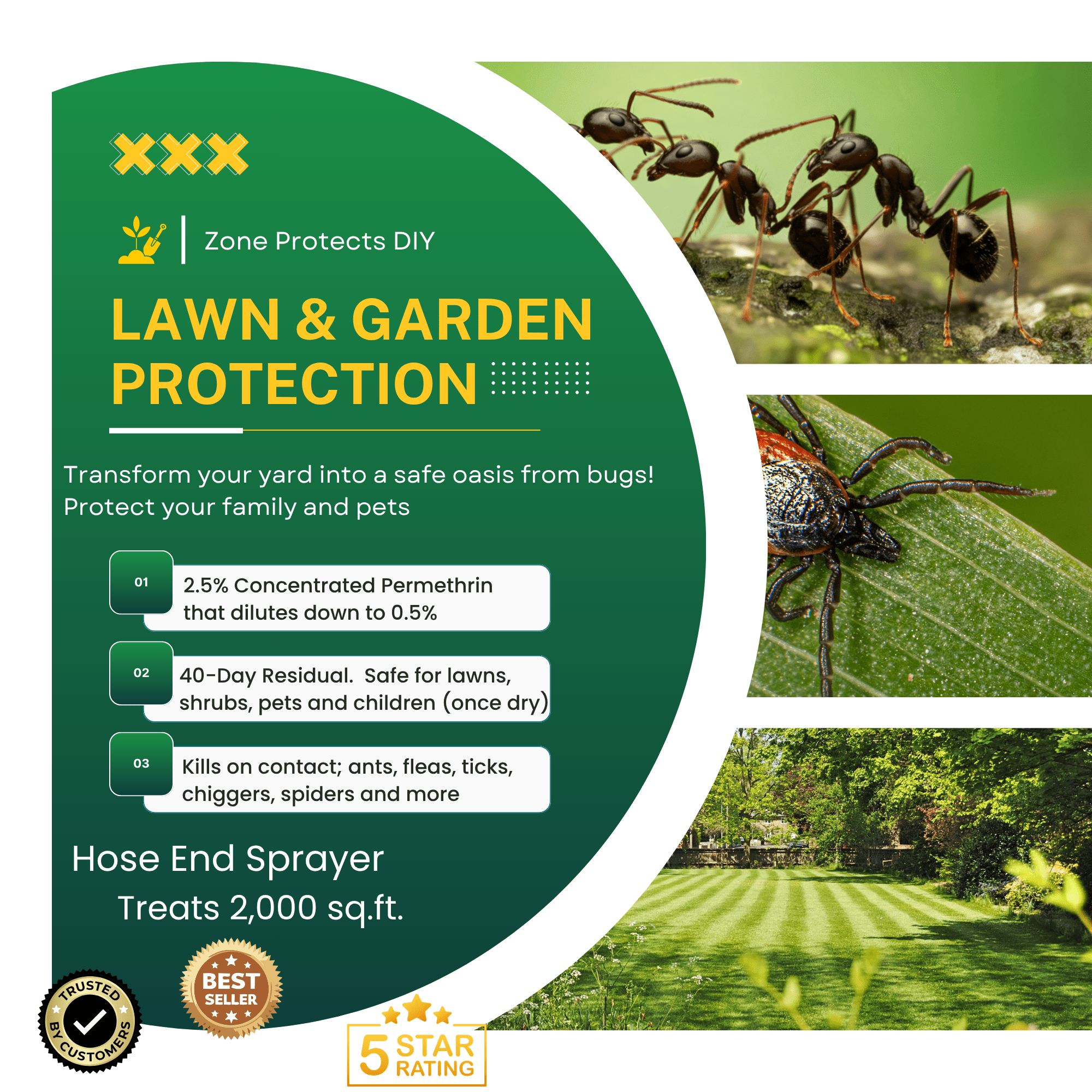 Zone Protects Flea and Tick Yard Spray Insecticide w/ Permethrin; Hose End Sprayer Covers 10,000 sq.ft.