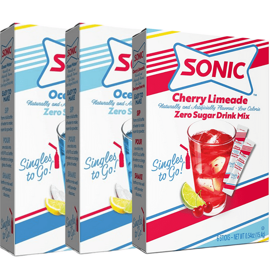 Sonic Singles To Go Powdered Drink Mix, (2) Ocean Water (1) Cherry Limeade Flavored Water Enhancer Non-Carbonated Sugar-Free Beverages 3 Boxes - 6 Sticks each - 18 Servings