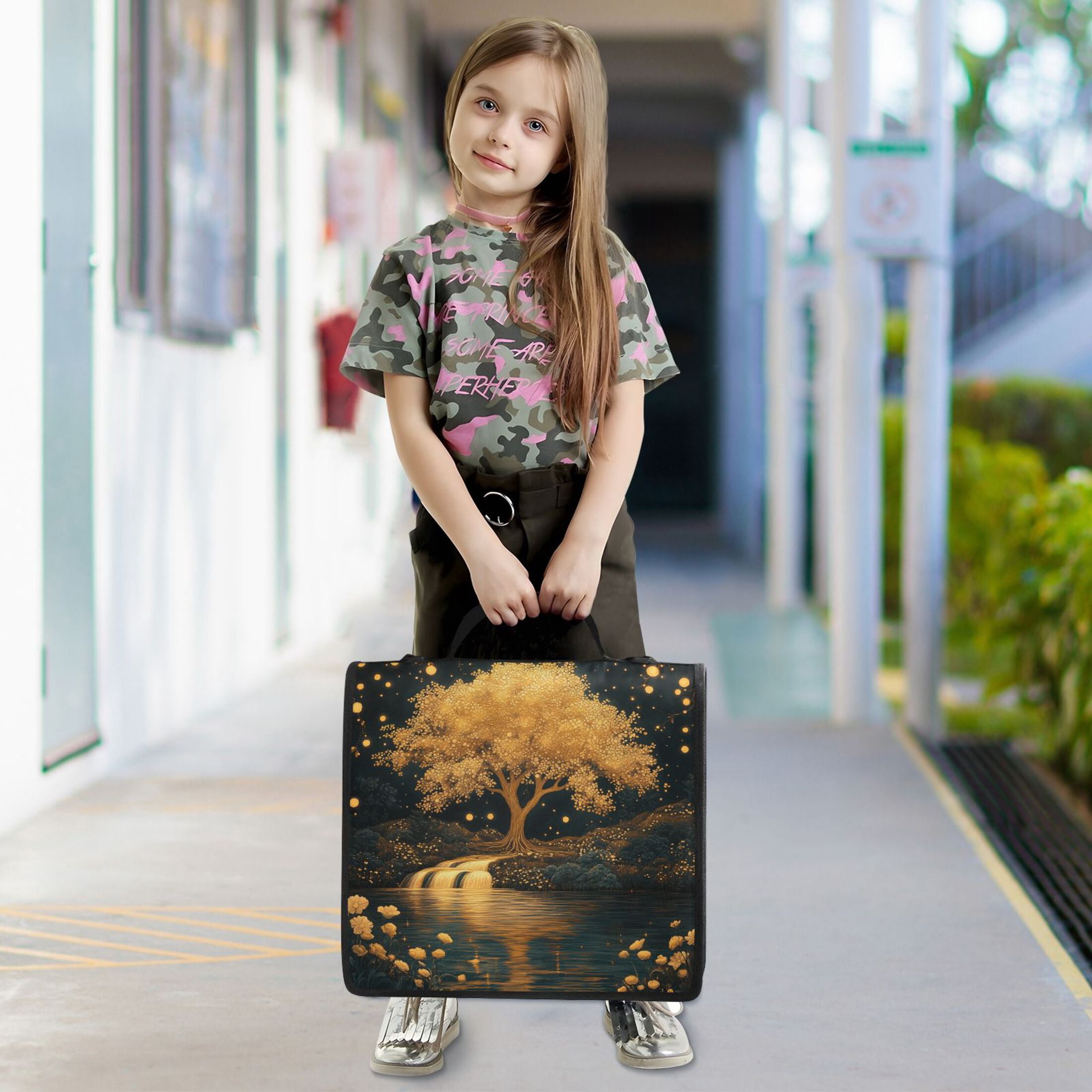 3 Ring Zipper Binder with Shoulder Strap Waterproof Trapper Keeper 2 Inch D-Ring 500 Sheets Capacity Golden Tree on River Bank