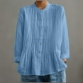 thumbnail image 4 of HomeDM Womens Long Sleeve Shirts, Button Down Crew Neck Trendy Pleated Loose Fit Tunic Tops - Light Blue/L, 4 of 7