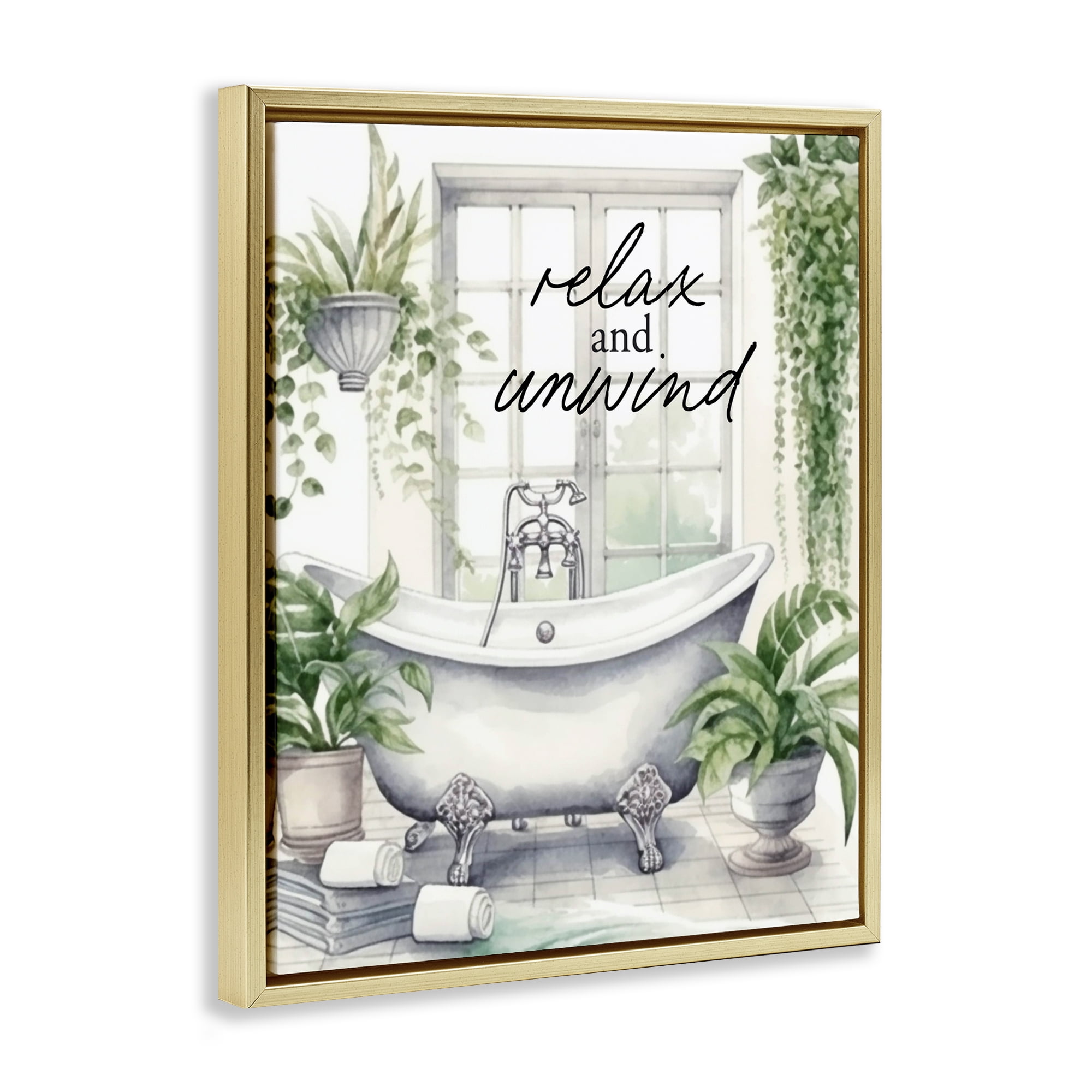 Relax Unwind Bath & Foliage Gold Framed Floater Canvas Wall Art, design by Lettered and Lined