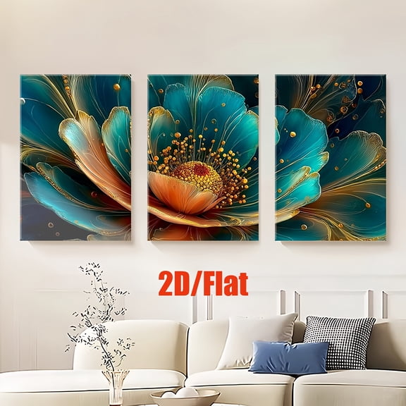 2D Flat, 2D/Flat, 3pcs/set, canvas paintings-frameless, blue flower with yellow pollens on it, Posters and prints, living room, office decor, wall art, Bedroom, School, cafe, abstract, home decorati