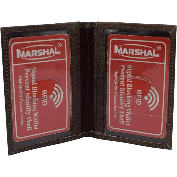 Marshal Genuine Leather Double ID Slim Thin Credit Card Mini RFID Blocking Wallet Holder Bifold Driver's License Safe Brown