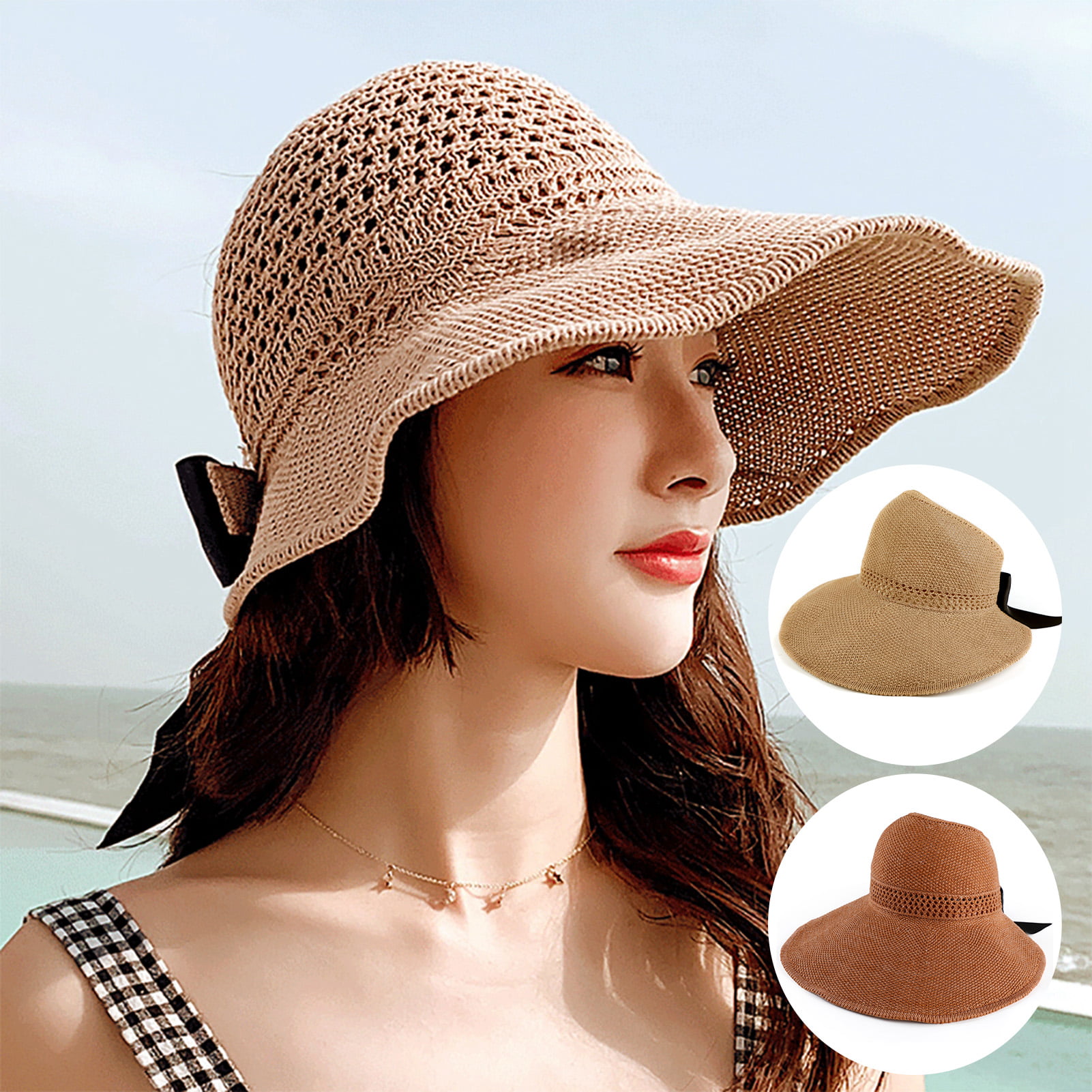 showsing Beach Cap Sun Hats Lovely Summer Ladies Leopard Bow Straw Floppy Packable Wide Brim Hats for Women Girls