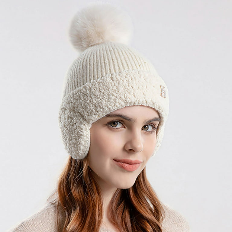 Biziza Womens Thermal Knit Skull Cap Vintage Warm Ribbed Ear Muffs Winter  Crochet Ski Beanie Hat for Teens Cool Faux Fur Pom Pom Winter White