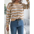 thumbnail image 4 of Women Color Matching Wavy Pattern V-Neck Jumper Classy Long Sleeve Hollow Out Knitted Sweater Khaki L, 4 of 8