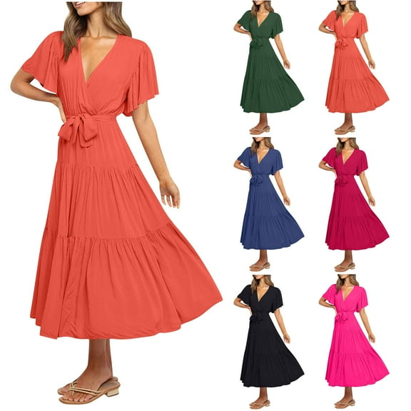 SMihono Summer Dress for Women Cotton Ruffle Short Sleeves Elegant Fashion V Neck Casual Flowy Midi Dress with Belt Dark Blue XXL