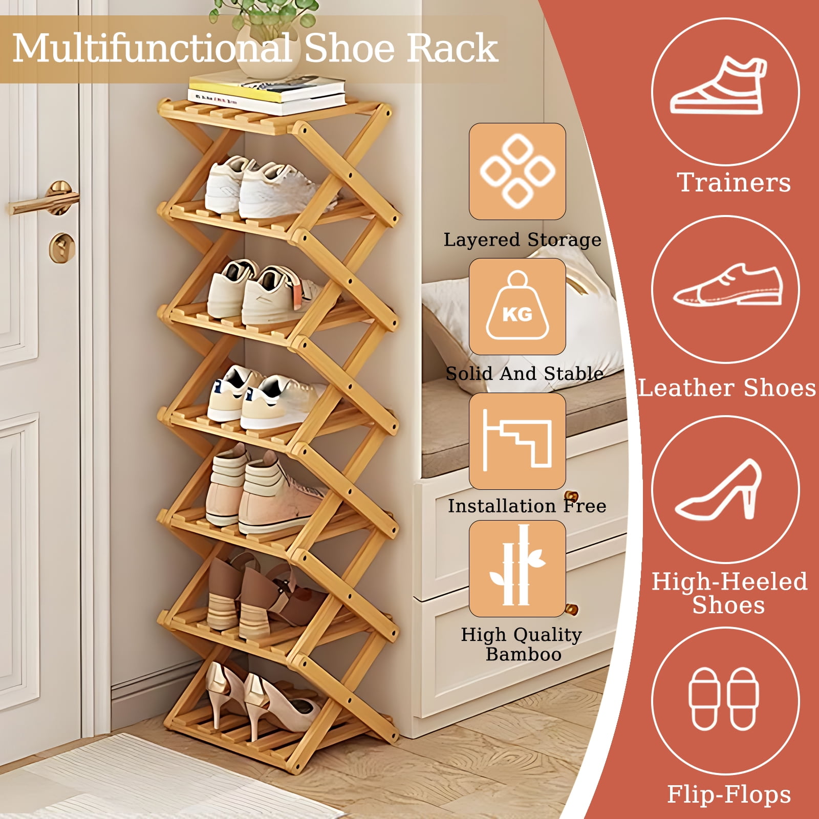 JUANYU Shoes Rack Organizer,Multi Tier Wooden Foldable Storage Rack for Home Shoe Storage with Durable Cross Structure,7-Tier,Natural