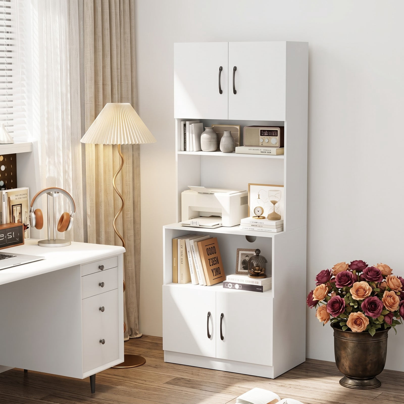 Furnibear 66 Inch Kitchen Pantry Cabinet with Charging Station, Adjustable Shelves and Wide Countertop, Freestanding Storage Hutch for Kitchen Dining Room, White