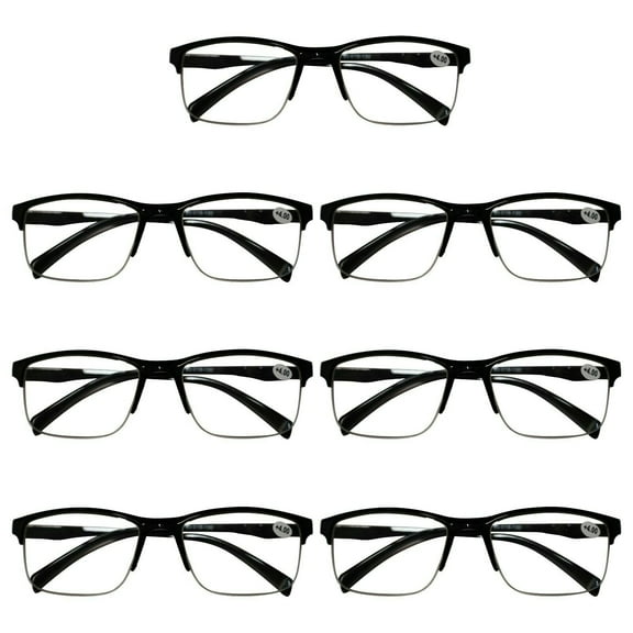 7 Packs Mens Unisex Half Frame Square Reading Glasses Black Spring Hinge Readers 1.00