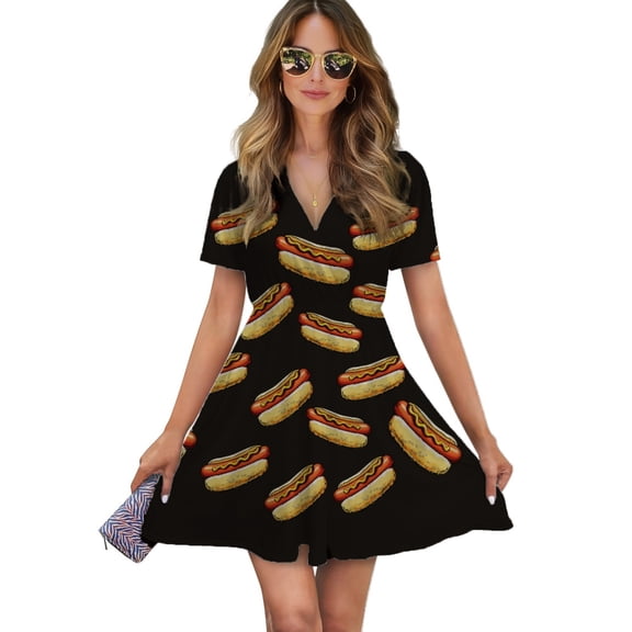 Hot Dog Women Dress V-Neck Short Sleeve Flowy Swing Party Midi Dress