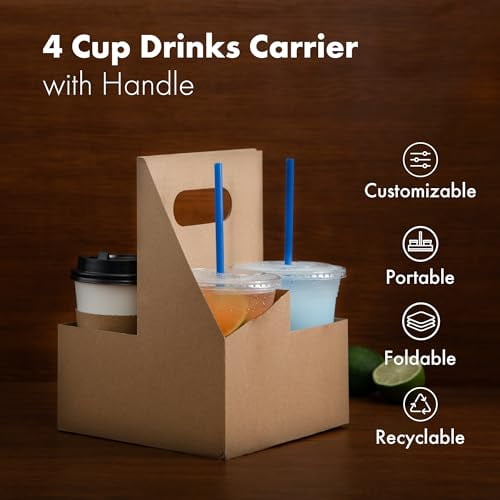 Fmp Brands 4 Cup Disposable Drink Carrier with Handle, 25 Pack Kraft Paperboard Handled Drink Carriers 12-30 oz to Go Coffee Cup Holder, Cup Carrier