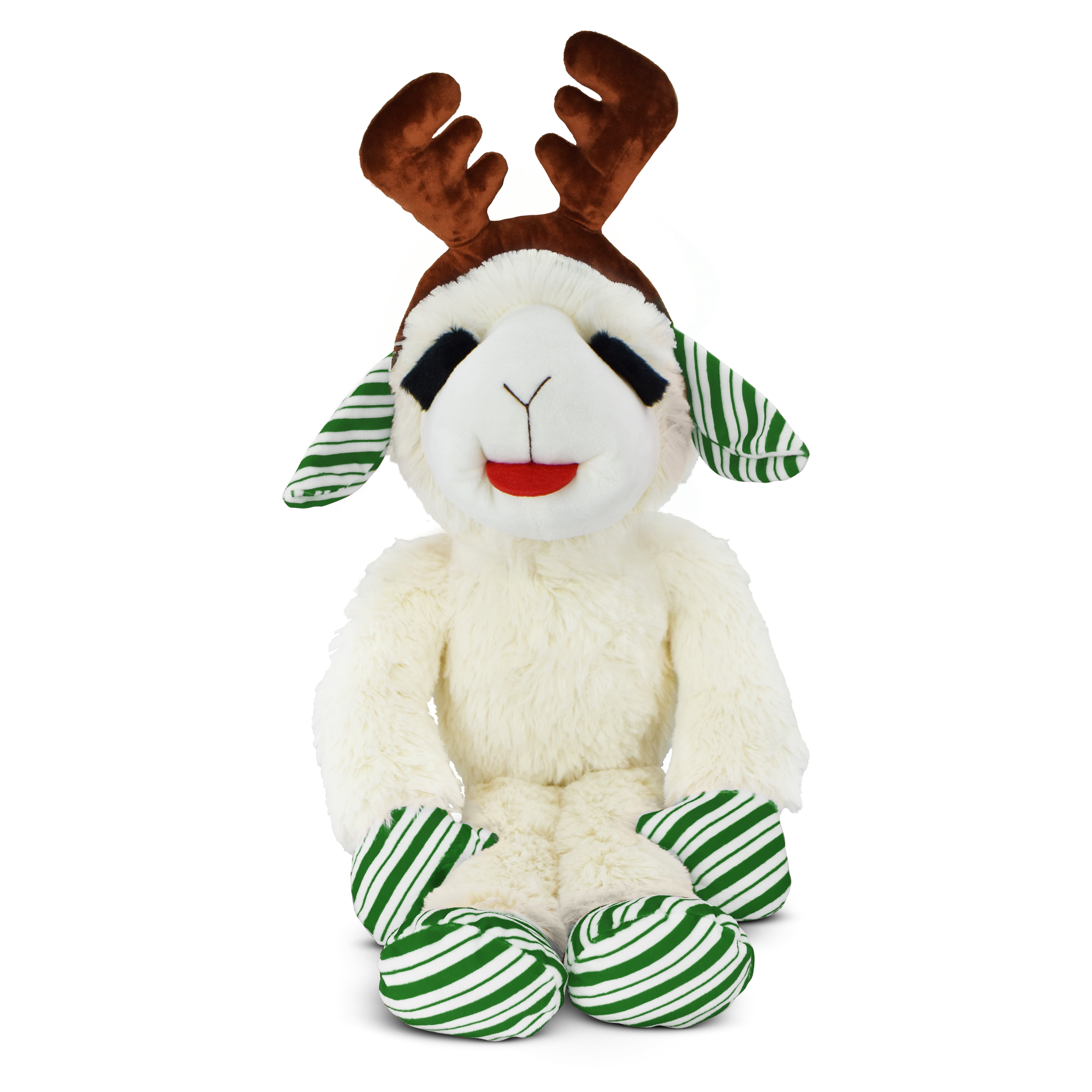 Multipet Plush Jumbo Holiday Lamb Chop Reindeer Dog Toy, Squeaker, Green and White Striped Paws with Reindeer Antlers, 19"