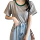 thumbnail image 1 of Camiseta de manga corta con ajuste relajado para mujer, camiseta elástica con cuello redondo a rayas de fibra de leche para desplazamientos, 1 of 8