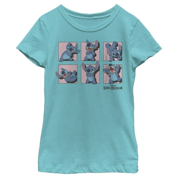 Girl's Lilo & Stitch Poses in Pink Panels  Graphic Tee Tahiti Blue Medium