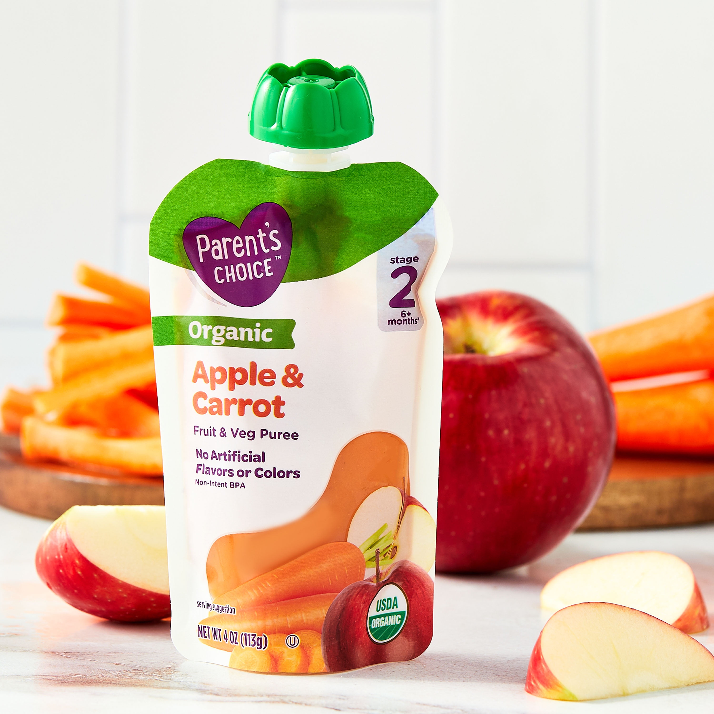 (3 pack) Parent's Choice Organic Stage 2 Baby Food Apple and Carrot Puree, 4 oz Pouch