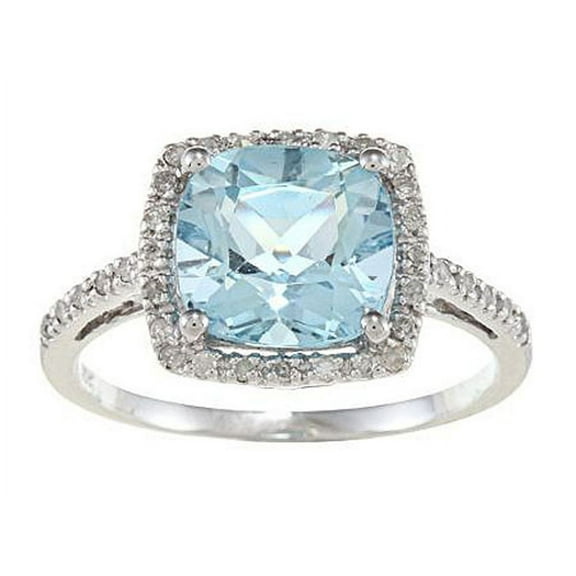 10k White Gold Cushion Blue Topaz and Diamond Halo Ring