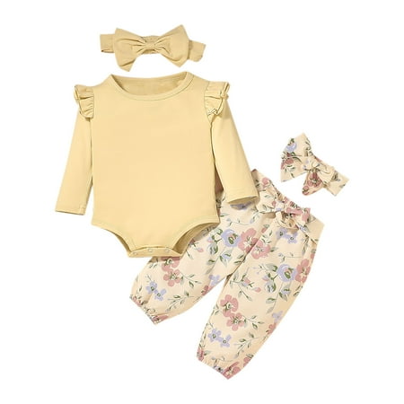 

JYNZ Baby Girl Baby Boy Newborn Clothes 0-24 Month Baby Solid Color Lace Long-sleeved Romper + Printed Trousers + Headband Suit Yellow 0-3Months