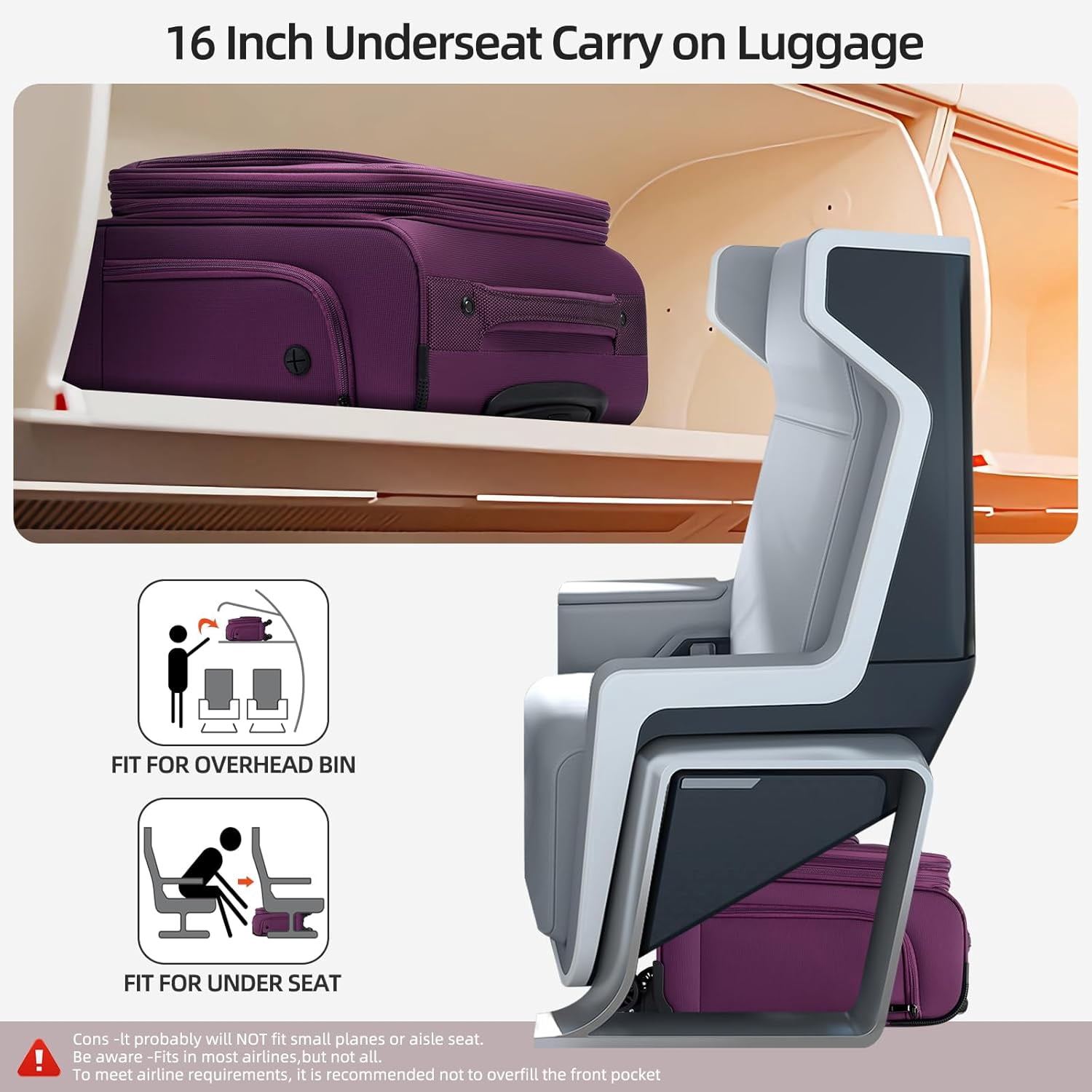 TIAWOLT Underseater Carry-On Luggage Airline Approved with Spinner Wheels, 16 Inch Luggage with TSA Lock, Overnight Rolling Softside Suitcases for Women,Purple